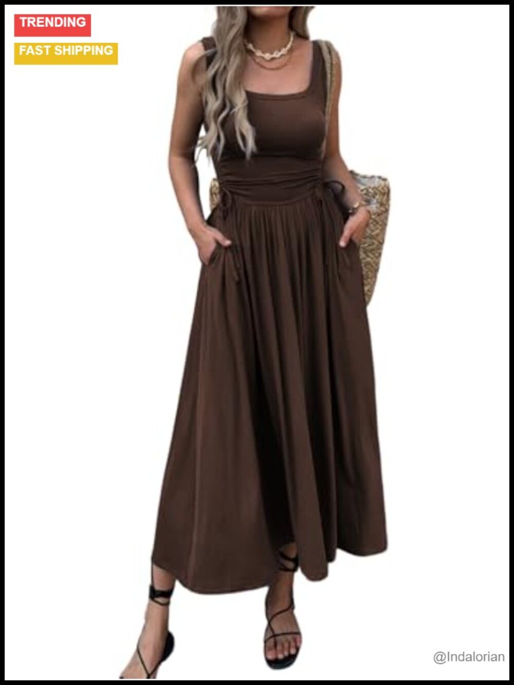 Women's Boho Summer Maxi Dress with Pockets, Adjustable Waist, Sleeveless